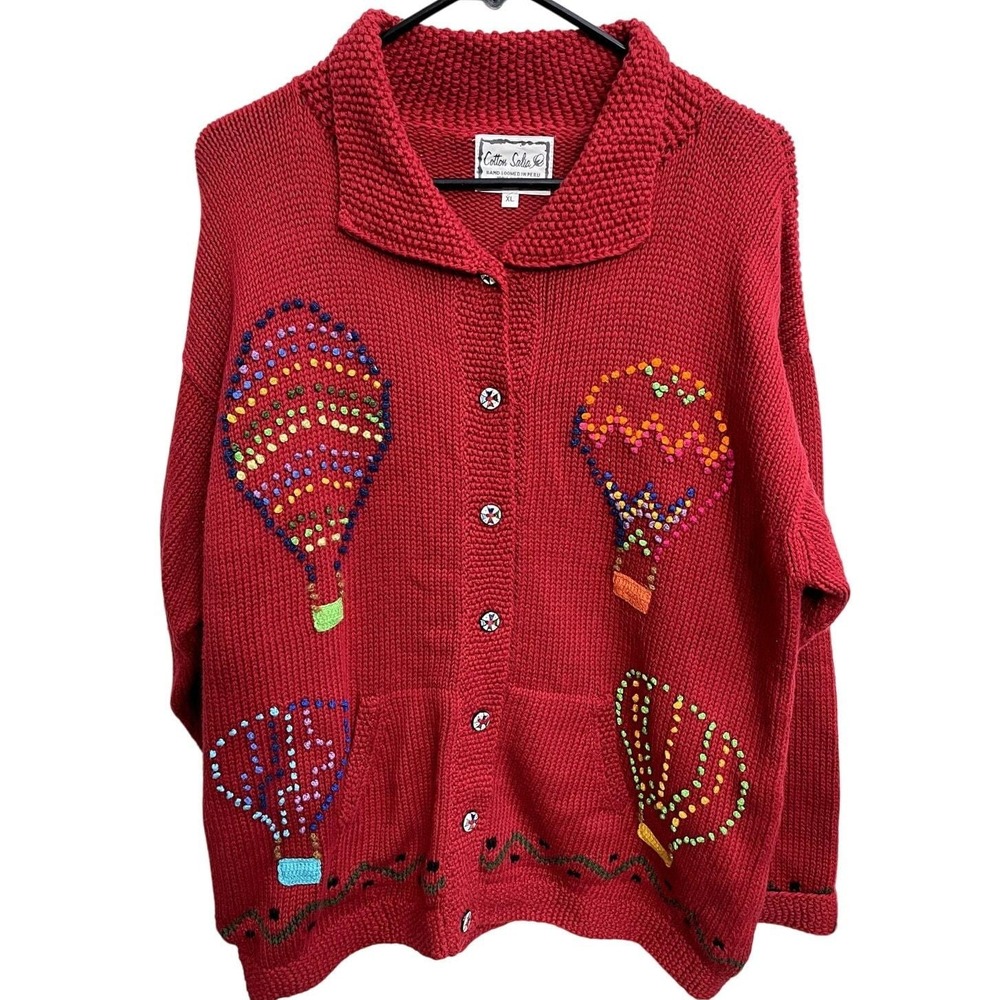 Vintage 90s Hot Air Balloon Cardigan‎ Sweater XL Red Novelty Teacher Hand Knit